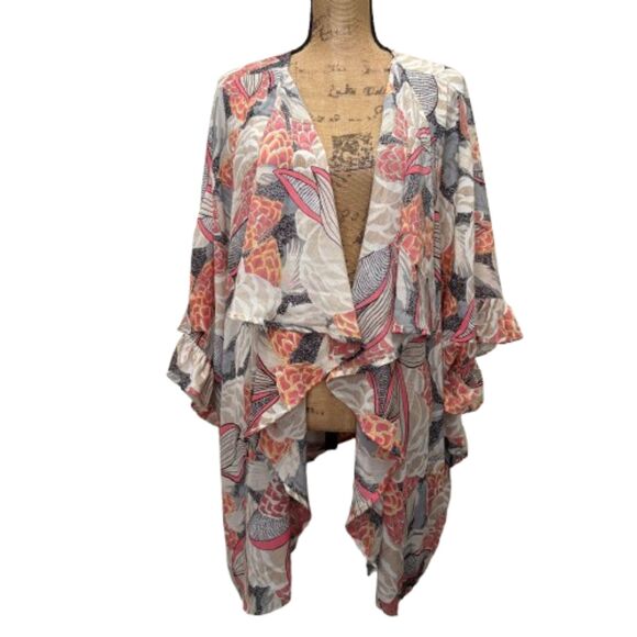 Umgee + Ruffle Kimono Pink Abstract Floral Boho Flowy Lightweight Size XL/1X - Picture 1 of 5